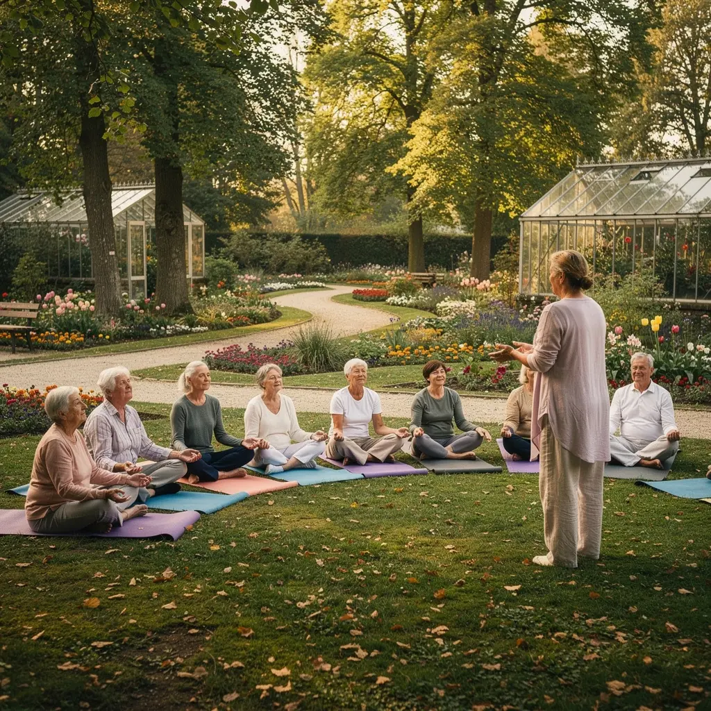 Žena ve zralém věku se usmívá při setkání s přáteli na zahradě.